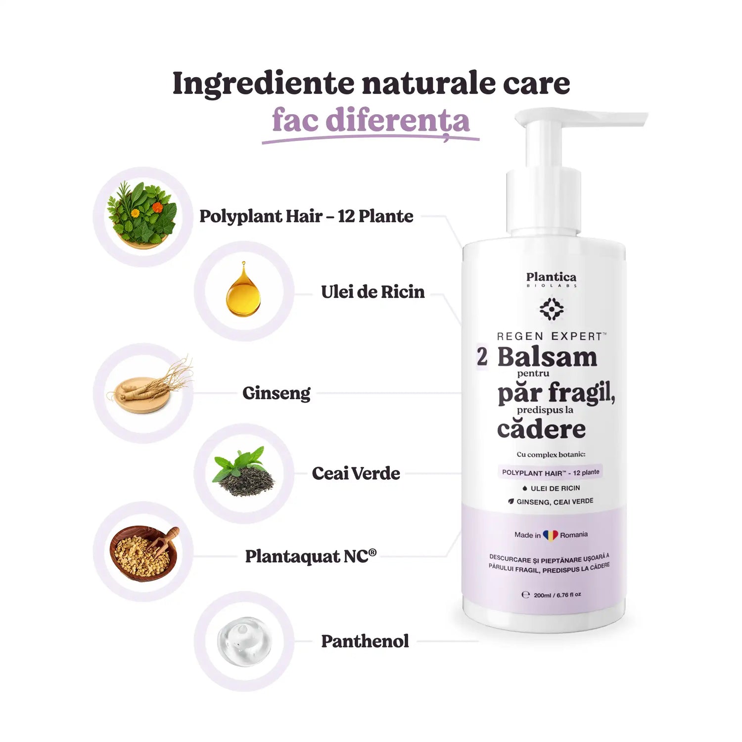 Ingrediente active din balsamul Plantica pentru căderea părului: ulei de ricin, ginseng, ceai verde, panthenol, Plantaquat NC.