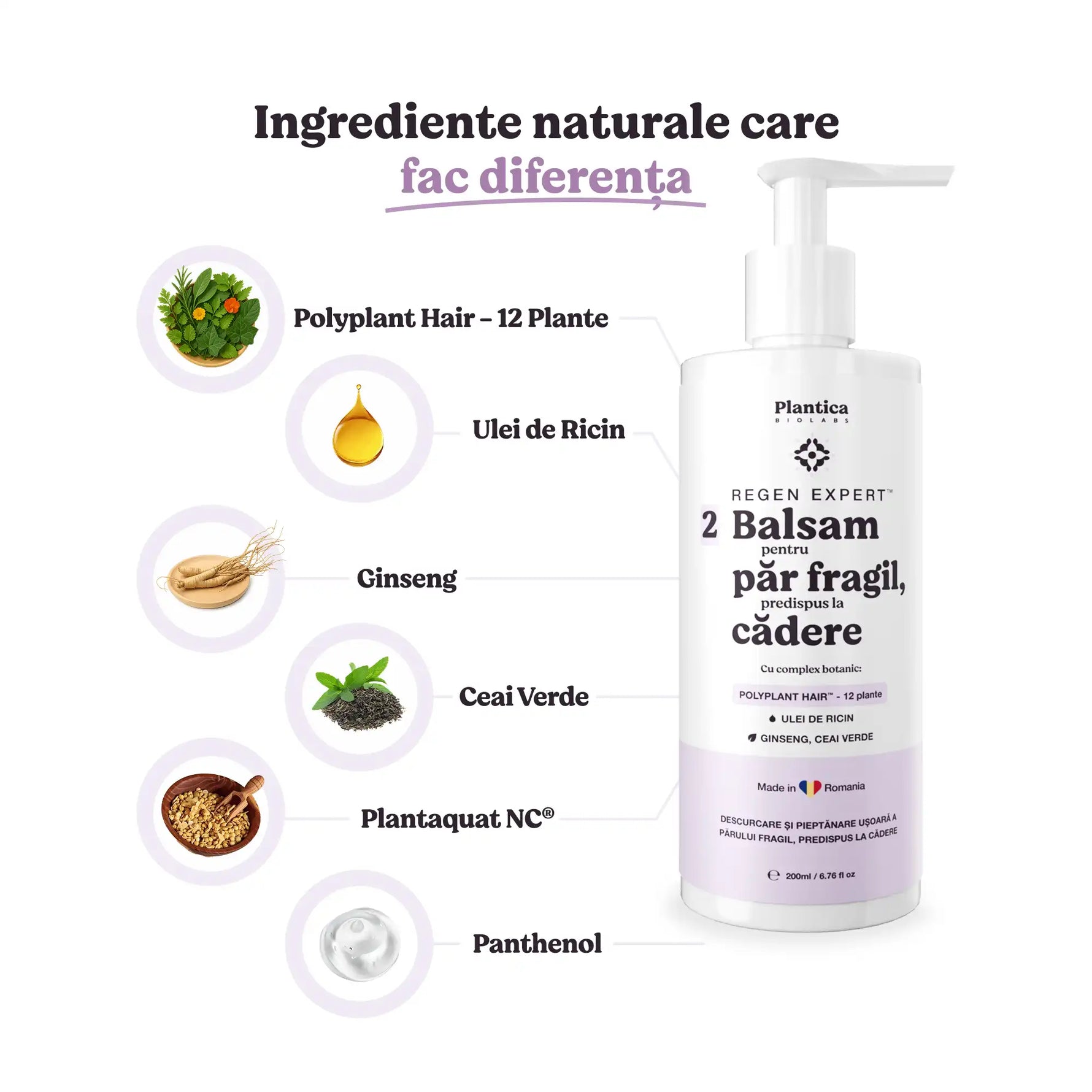 Ingrediente active din balsamul Plantica pentru căderea părului: ulei de ricin, ginseng, ceai verde, panthenol, Plantaquat NC.