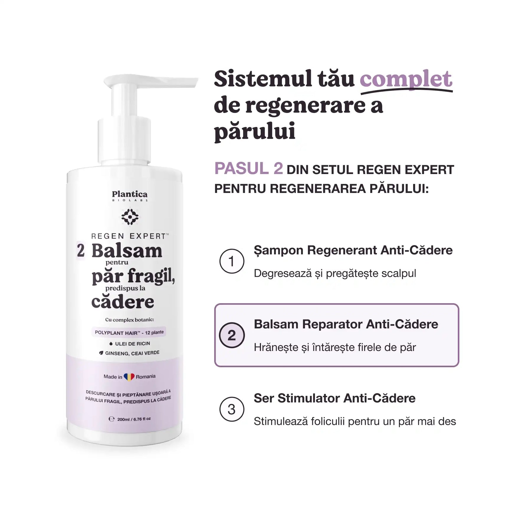 Balsam Plantica pentru căderea părului, pasul 2 din rutina completă în 3 pași Regen Expert.