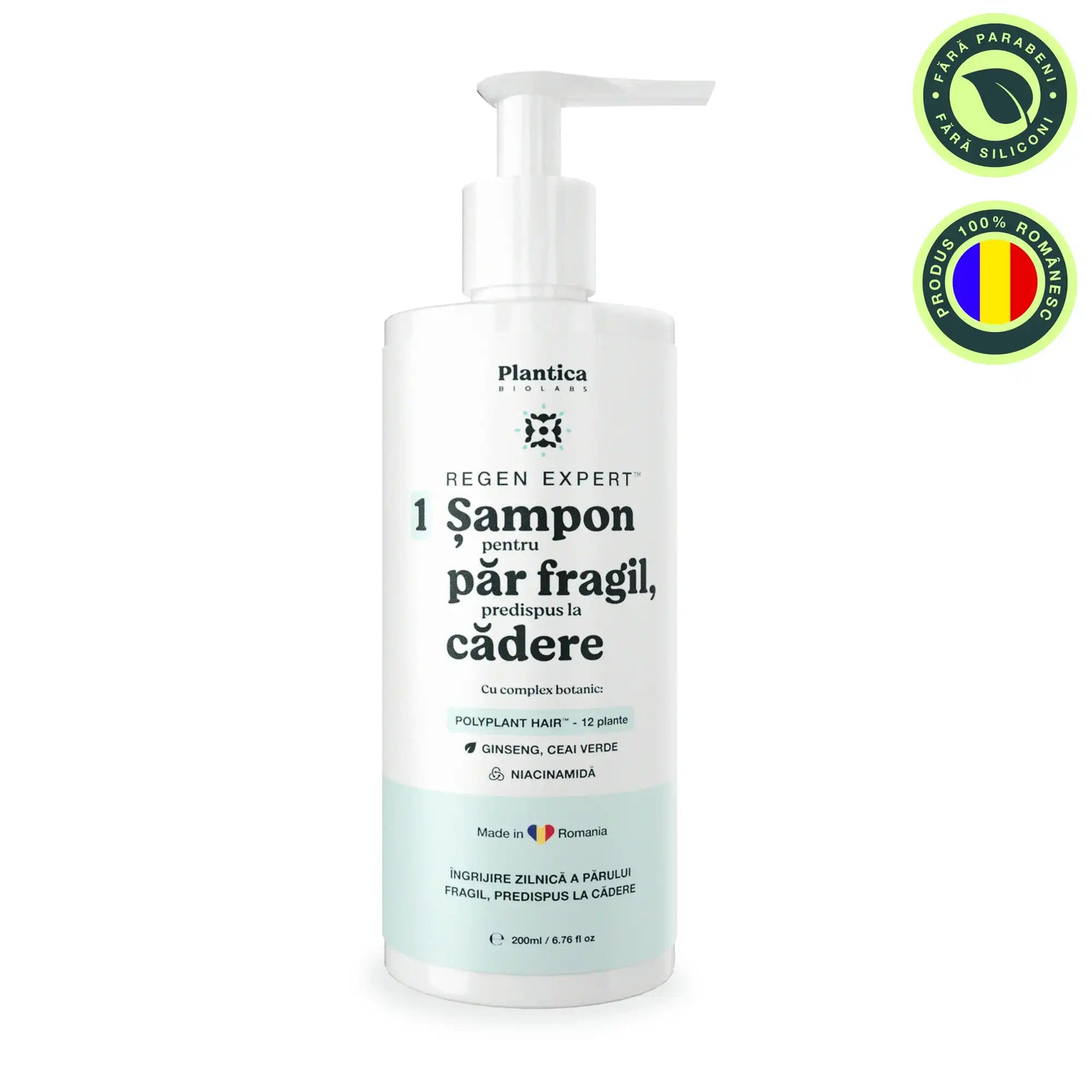 Șampon Plantica pentru păr fragil, predispus la căderea părului, cu ginseng și niacinamidă, 200 ml