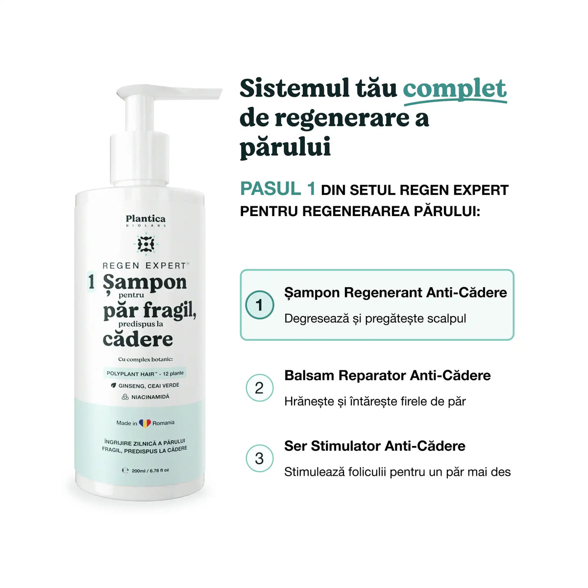 Șampon Plantica pentru căderea părului, pasul 1 din rutina completă în 3 pași Regen Expert.