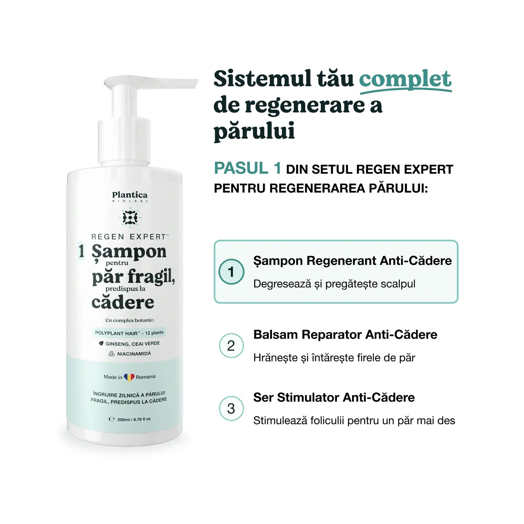Șampon Plantica pentru căderea părului, pasul 1 din rutina completă în 3 pași Regen Expert.