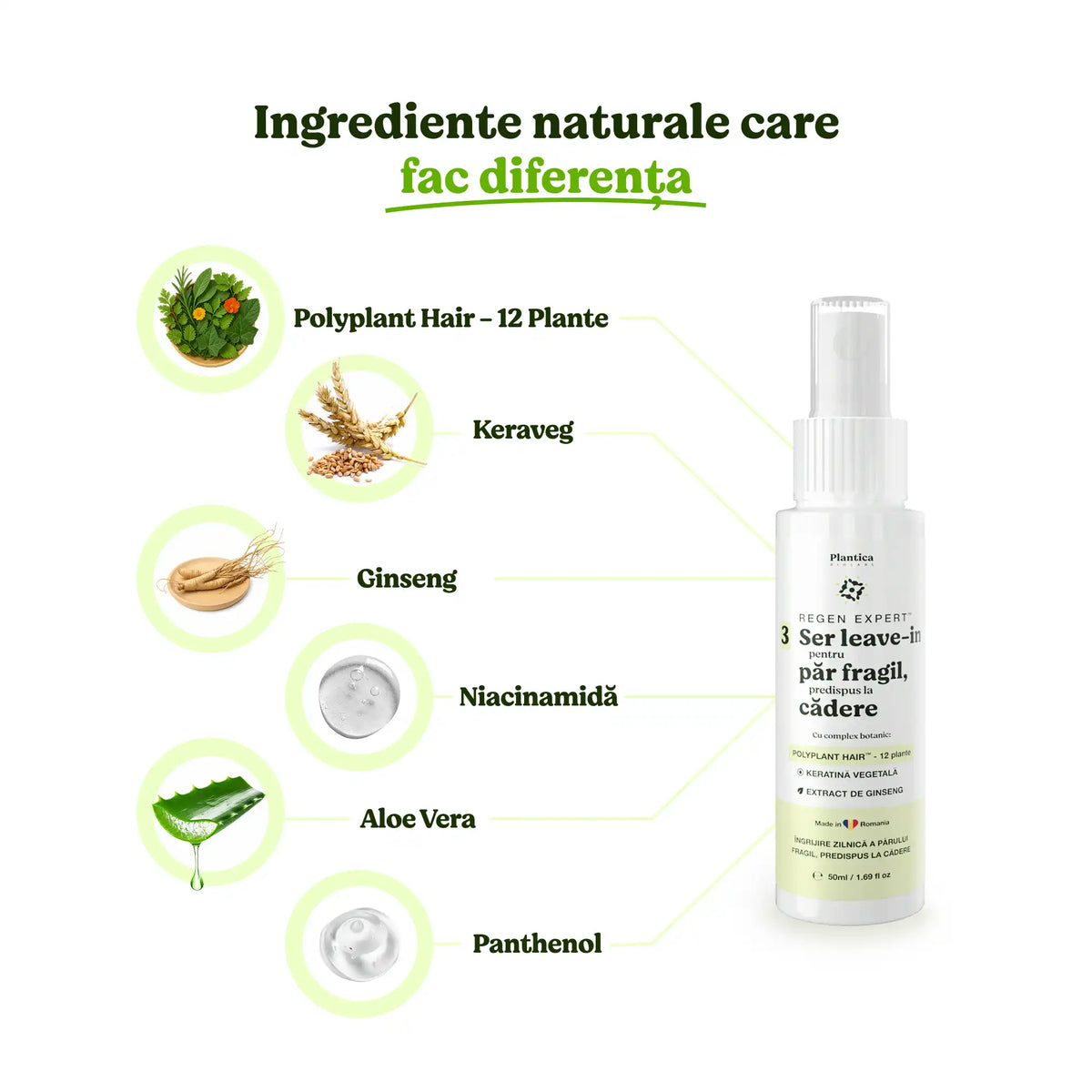 Ingrediente din serul Plantica pentru căderea părului: keraveg, ginseng, niacinamidă, aloe vera, panthenol, polyplant 12 plante.