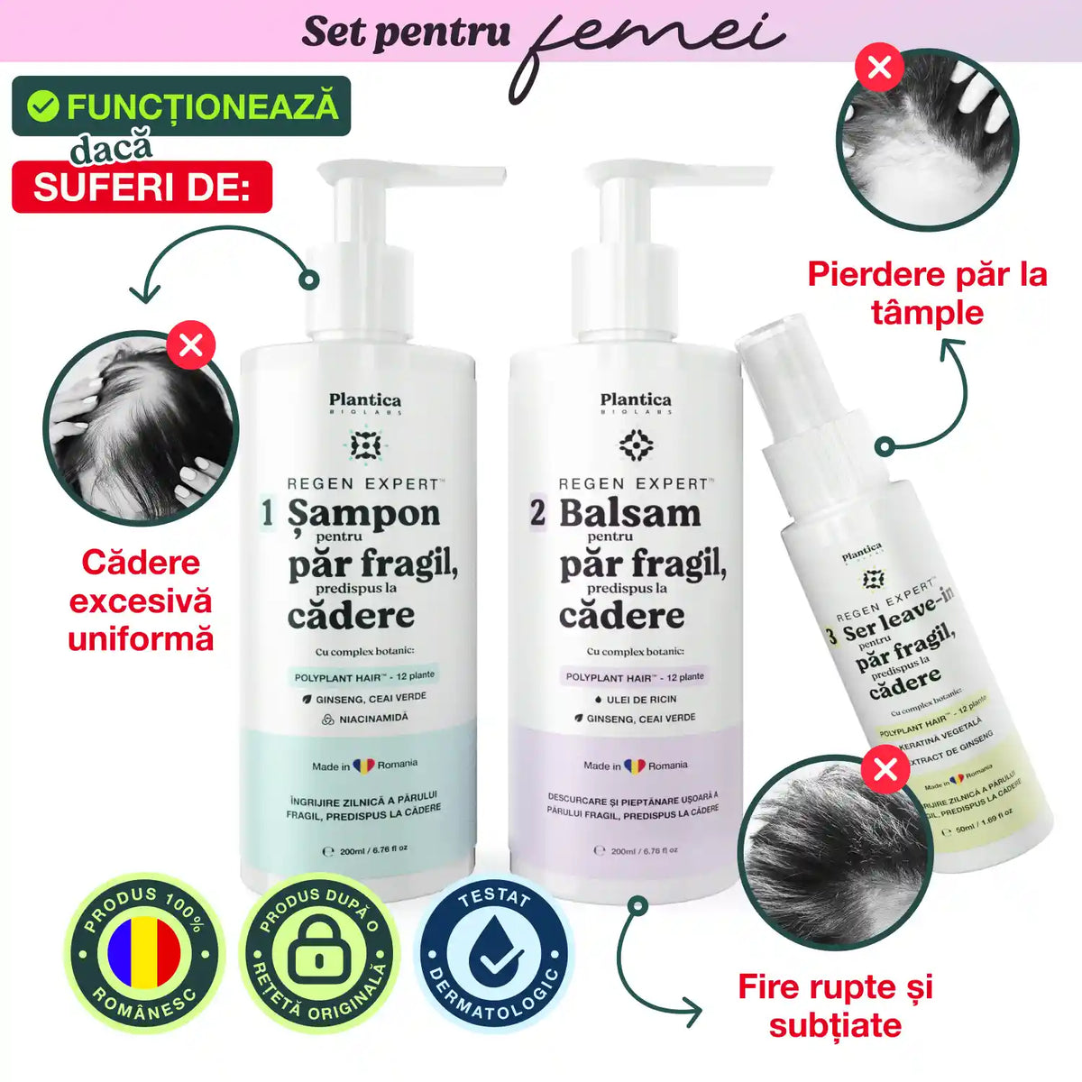 Set tratament regenerare păr de la Plantica Biolabs – șampon anti căderea părului, balsam și ser pentru creșterea părului.