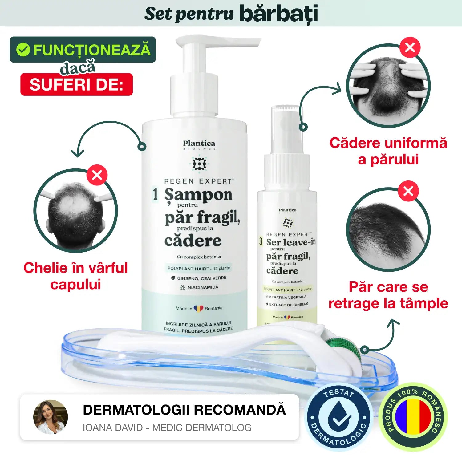 Șampon pentru căderea părului și ser pentru creșterea părului Plantica – tratament regenerare păr cu derma roller recomandat de dermatologi.