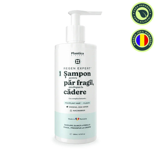 Șampon anti căderea părului Plantica Regen Expert – tratament regenerare păr cu ingrediente botanice și niacinamidă.